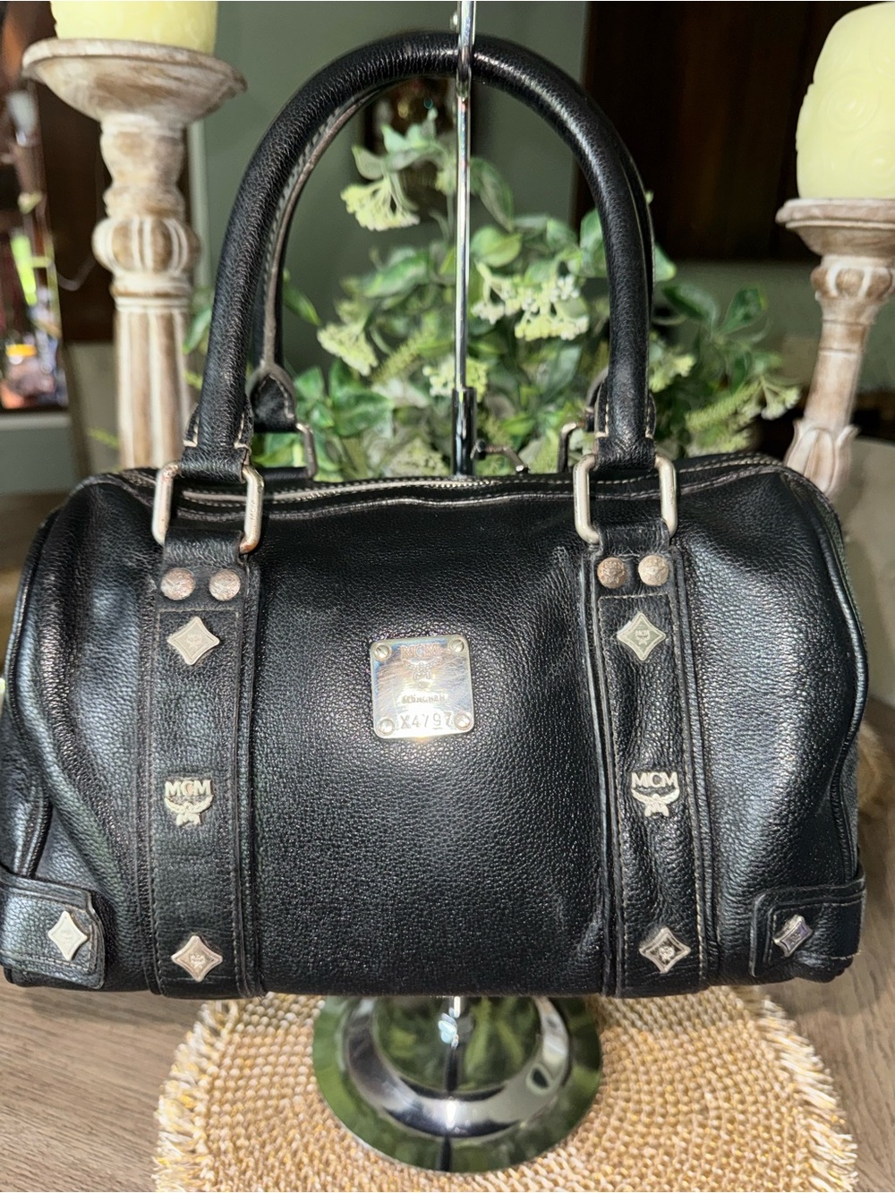MCM Black Leather Top-Handle Bag with Silver Accents